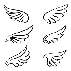 Six stylized black ink wings on a white background angel bird