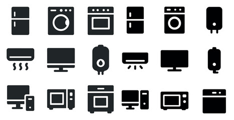 Home appliances solid icons set – kitchen, household, electronics symbols
