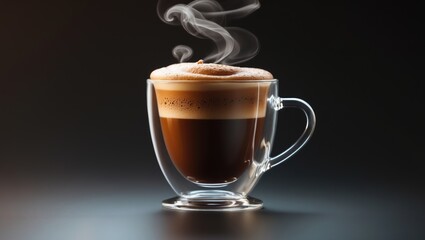 A hot cup of coffee in a clear glass mug with steam rising, set against a dark background.