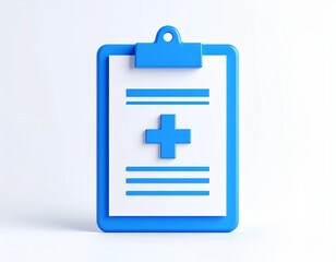 Blue clipboard with a medical report and health cross symbol. 3D icon for healthcare, insurance, and wellness concepts.