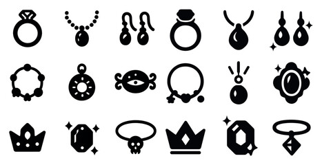 Jewelry and accessories solid icons set – silhouette, elegant, gemstone symbols