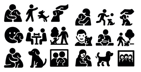 Pet care silhouette icons set – solid, filled, animal welfare and adoption symbols