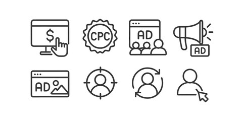 Advertising and marketing outline icon set. digital promotion symbols in outline style