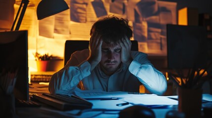 Fototapeta premium Exhausted Worker Struggling with Stress in Dimly Lit Office Space
