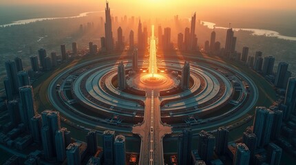 Sunrise Cityscape: A breathtaking aerial view of a futuristic circular city seen from above at golden hour intricate radial, 3d render