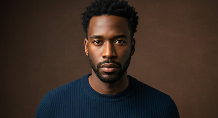 Portrait of Person in Blue Ribbed Sweater Against Warm Brown Background