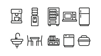 Kitchen appliances line icon set. coffee, water, microwave, fridge, dishwasher, sink