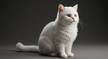 Obraz premium White Fluffy Cat Looking Up Against Dark Background in Dramatic Lighting
