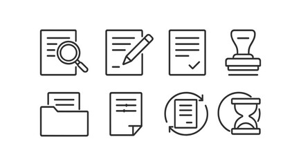 Document management icon set. efficient workflow and office tools outline collection