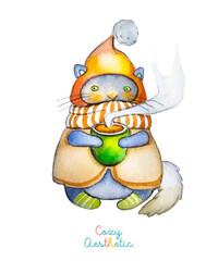 Postcard or art with cute cats in cozy fashion accessories. Hand-drawn watercolor drawing with vintage accessories for interior design, fabric, or decoration