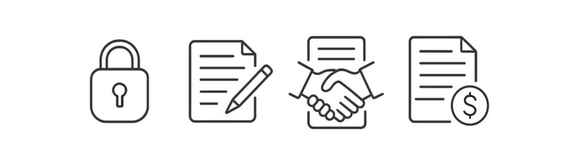 Security and contract outline icon set. lock, agreement, document linear collection