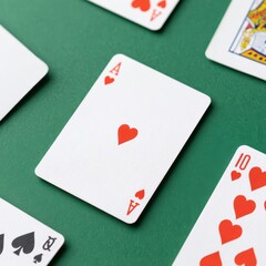 Obraz premium Ace of Hearts Playing Card on Green Background Surface