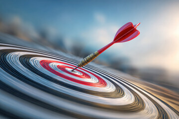 Red dart hitting bullseye on target board symbolizing precision accuracy success goal achievement focus motivation concept. Copy space