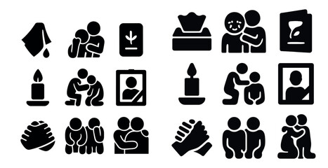 Funeral and sympathy solid icons set – filled, memorial, and condolence symbols