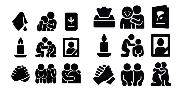 Funeral and sympathy solid icons set – filled, memorial, and condolence symbols