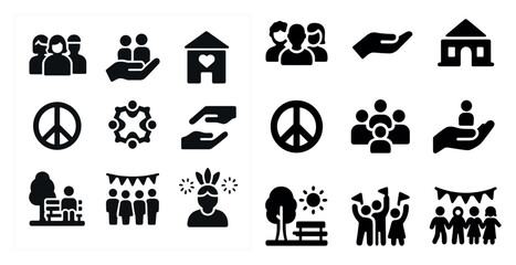 Naklejka premium Community and volunteer solid icons set – filled, outreach and support symbols