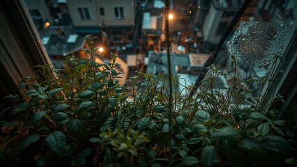 Plants on a windowsill overlooking a city street at night with raindrops on the window pane
