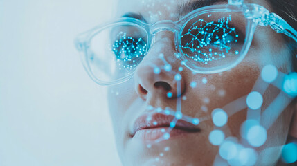 Fototapeta premium A human face interacting with advanced smart eyewear, displaying an augmented reality interface with luminous network connections, symbolizing future technology and artificial intelligence concept.