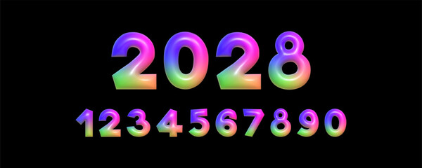 Colourful 3D numbers with multi-coloured rainbow gradient create a bright festive atmosphere.