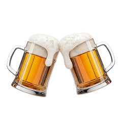 Two clinking beer mugs with foam realistic 3D render celebration drink symbol concept for party cheers alcohol toast or pub beverage bar festival and friendship element
