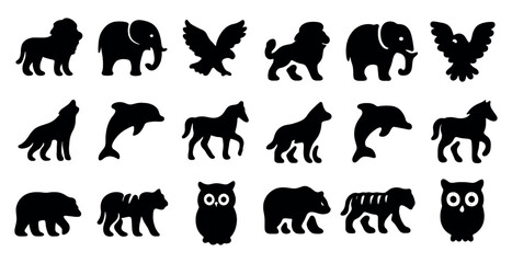 Obraz premium Wild animals silhouette icons set – solid, filled, wildlife and nature symbols