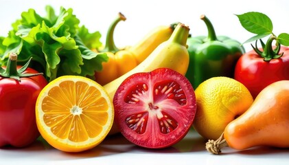 Naklejka premium Variety of organic fruits & vegetables isolated, delicious, agriculture