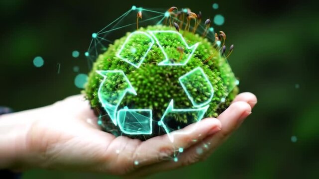 Hand holding moss ball with recycle symbol overlay. Sustainable future concept 170 characters