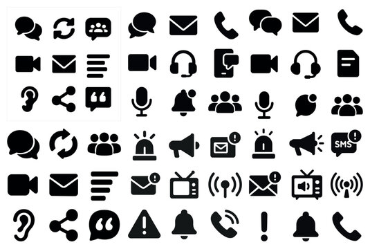 Communication solid icons set – filled, modern, messaging and media symbols
