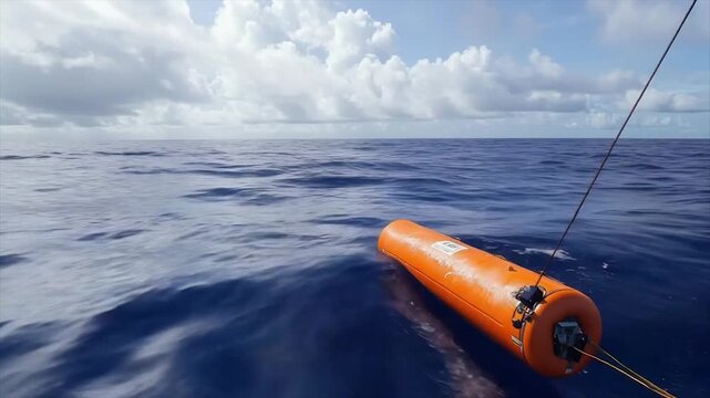 Orange cylindrical oceanographic device floats on calm blue water under a partly cloudy sky