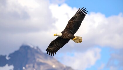 Obraz premium Magnificent bald eagle soaring gracefully against a vast blue sky, symbolizing freedom and powerful nature.