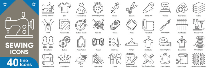 Sewing icons set. 40 line style of tailoring tools, needle, thimble, pin cushion, fabric roll, iron, fabric supplies, dressmaking and more. Vector illustration