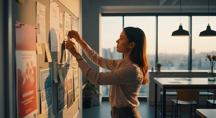 Woman Organizing A Job Opportunity Board At Modern CoWorking Space Office