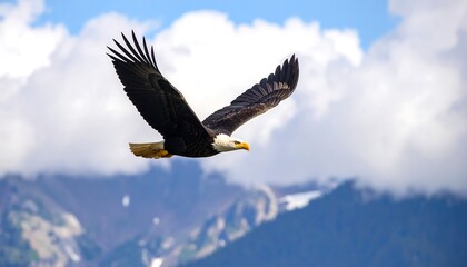 Obraz premium Magnificent bald eagle soaring gracefully against a vast cloudy sky, conveying freedom and wildlife.