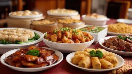 Assortment of asian dishes on red tablecloth: variety of delicious traditional cuisine.