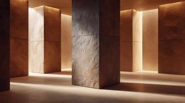 Modern architectural space with stone pillars and warm lighting.