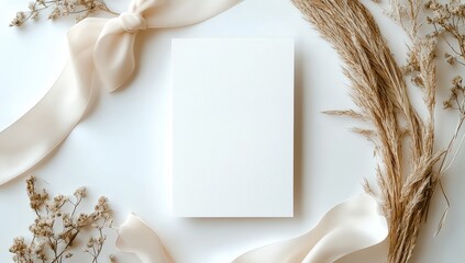 A blank white card is surrounded by dried flowers and beige satin ribbons on a light background, creating an elegant and minimalistic flat lay composition.