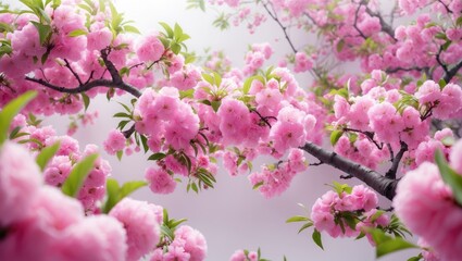 Pink blossom flowers on tree branch with green leaves.