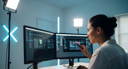 Woman Working On Graphic Design Project With Dual Monitors In Modern Studio