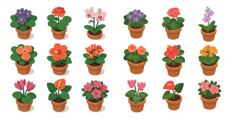 Fototapeta premium Flower pot isometric icons set – garden, blooming, decorative plant symbols