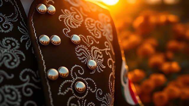 An embroidered charro jacket with silver buttons, bathed in golden sunset light, with marigold flowers softly blurred in the background.