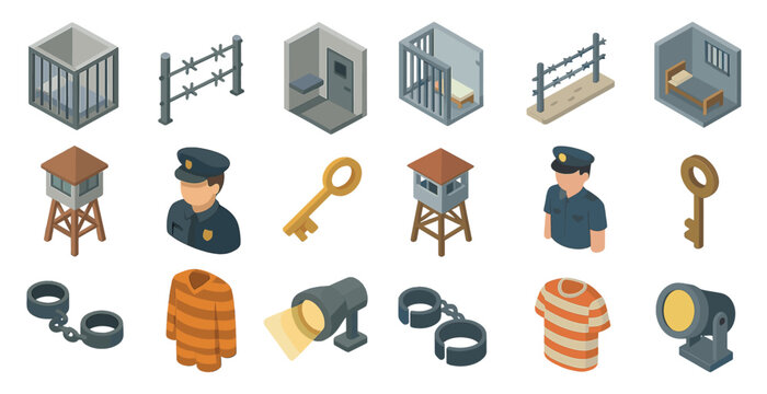 Prison and security isometric icons set &ndash; flat, guard, surveillance symbols