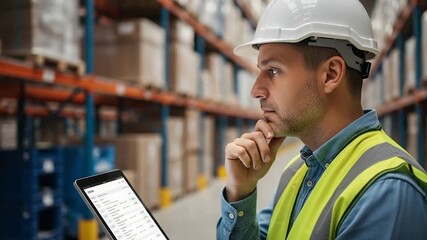 Warehouse worker in safety gear reviews inventory data on a tablet. - Powered by Adobe