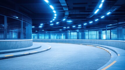 Futuristic Blue Lighting in Modern Indoor Parking Garage