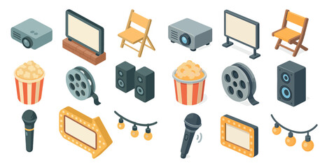Fototapeta na wymiar Home entertainment isometric icons set – 3d, cinema, leisure and media elements