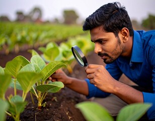 Farmer Inspecting Green Crops with Magnifying Glass — Focus on Leaves and Insects