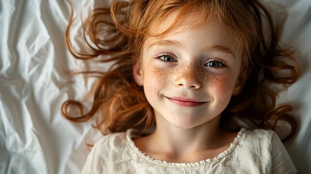Portrait of a lying smiling little girl with red hair and freckles