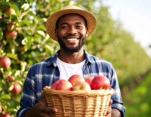 Smiling Farmer Carrying Basket of Freshly Picked Apples in Orchard — Bright Daylight Scene