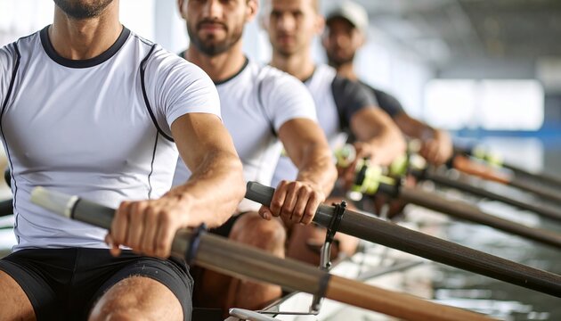 Male rowing team sitting in sleek boat, gripping oars in sync, preparing to launch across calm water under golden early morning light. Suitable for marketing or business purposes - Powered by Adobe