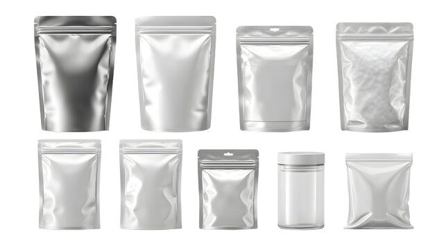 Silver pouch bags of different shapes and sizes. These templates are perfect for showing off food, cosmetics, or brand designs. Transparent background included.