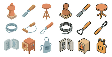Sculpting and pottery isometric icons set – tools, crafts, ceramic making symbols